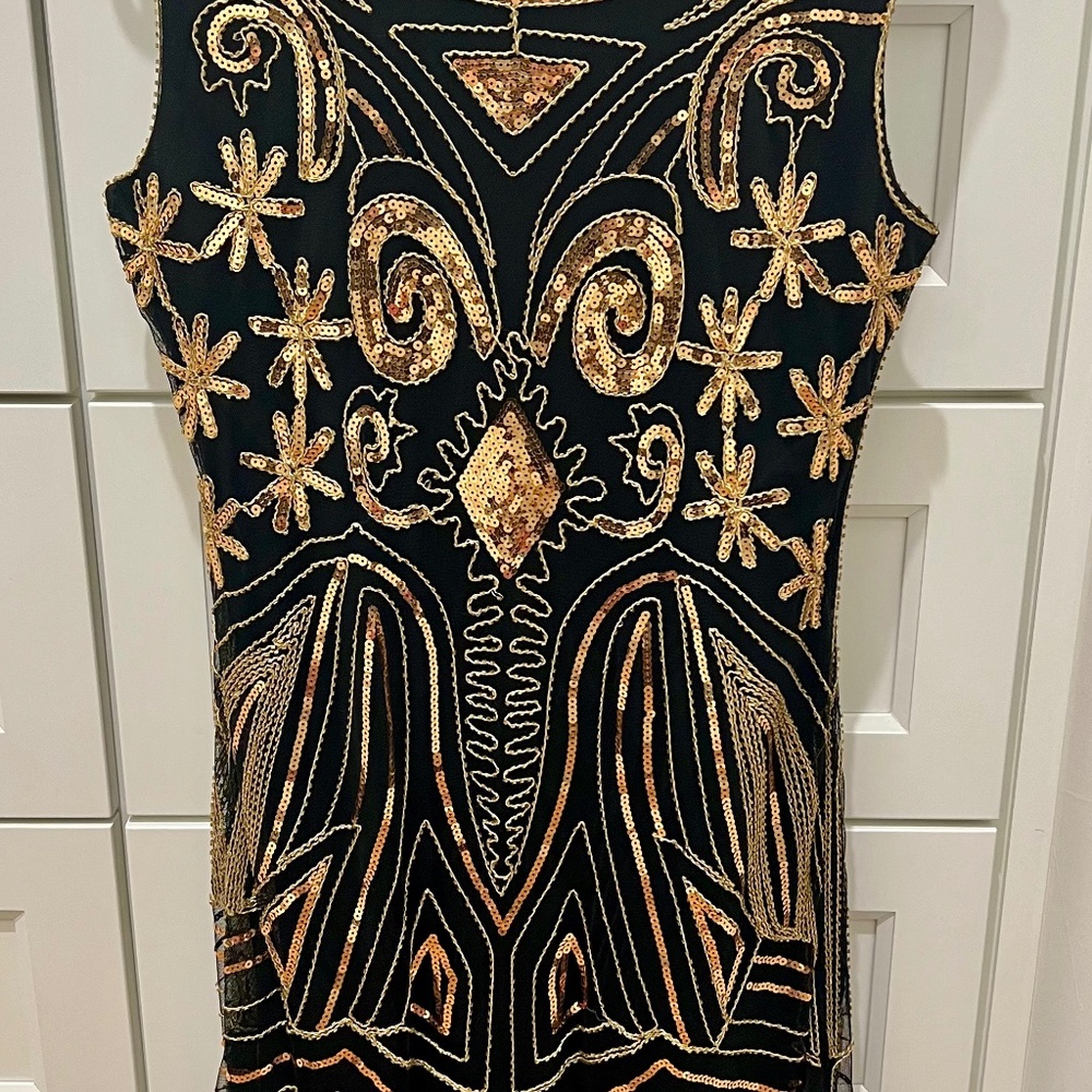 1920s Great Gatsby Inspired Flapper Dress – Black & Gold Sequin Fringe | Size 10